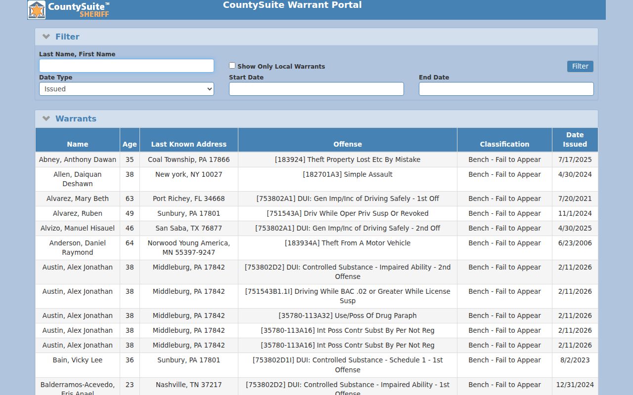 Snyder County criminal warrant search portal